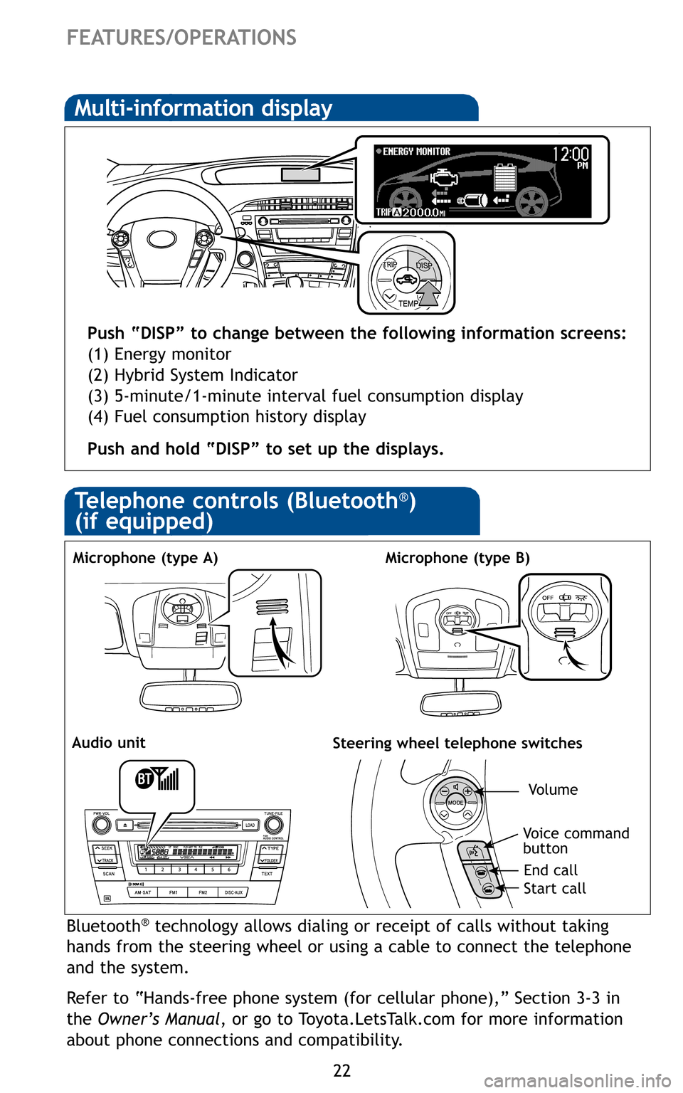 TOYOTA PRIUS 2011 3.G Quick Reference Guide 22
FEATURES/OPERATIONS
Multi-information display
Push “DISP” to change between the following information screens:
(1) Energy monitor
(2) Hybrid System Indicator
(3) 5-minute/1-minute interval fue TOYOTA PRIUS 2011 3.G Quick Reference Guide 22
FEATURES/OPERATIONS
Multi-information display
Push “DISP” to change between the following information screens:
(1) Energy monitor
(2) Hybrid System Indicator
(3) 5-minute/1-minute interval fue