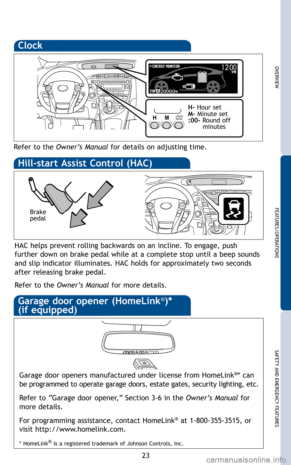 TOYOTA PRIUS 2011 3.G Quick Reference Guide 23
OVERVIEW
FEATURES/OPERATIONS
SAFETY AND EMERGENCY FEATURES
Clock
Refer to the Owner’s Manual for details on adjusting time.
H-Hour set
M- Minute set
:00- Round off
minutes
HAC helps preven TOYOTA PRIUS 2011 3.G Quick Reference Guide 23
OVERVIEW
FEATURES/OPERATIONS
SAFETY AND EMERGENCY FEATURES
Clock
Refer to the Owner’s Manual for details on adjusting time.
H-Hour set
M- Minute set
:00- Round off
minutes
HAC helps preven