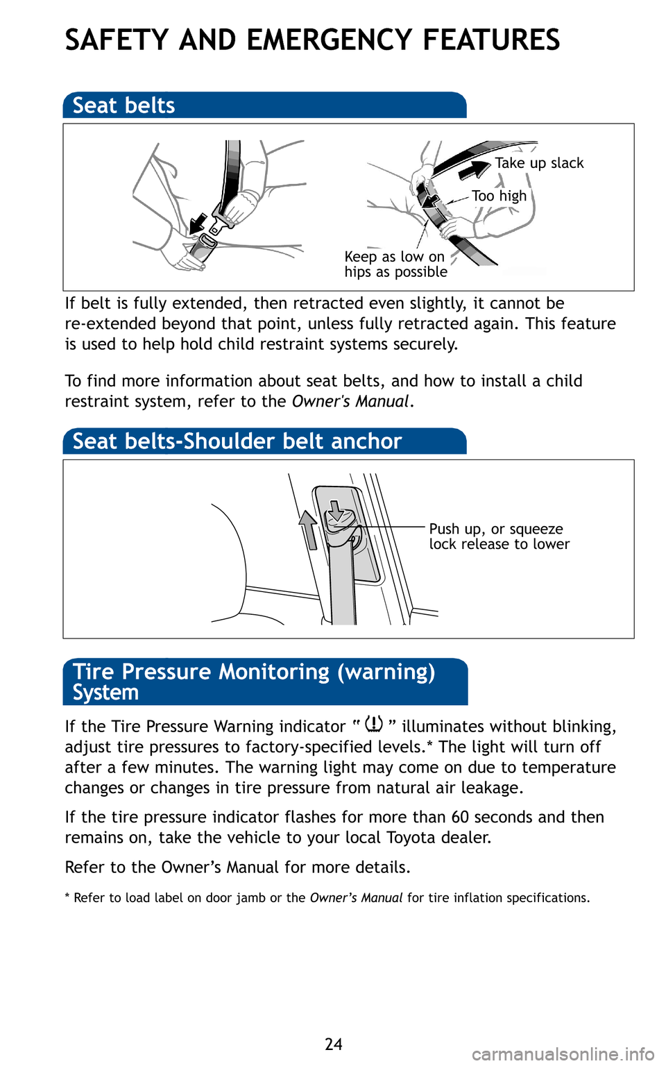 TOYOTA PRIUS 2011 3.G Quick Reference Guide 24
SAFETY AND EMERGENCY FEATURES
If belt is fully extended, then retracted even slightly, it cannot be
re-extended beyond that point, unless fully retracted again. This feature
is used to help hold TOYOTA PRIUS 2011 3.G Quick Reference Guide 24
SAFETY AND EMERGENCY FEATURES
If belt is fully extended, then retracted even slightly, it cannot be
re-extended beyond that point, unless fully retracted again. This feature
is used to help hold