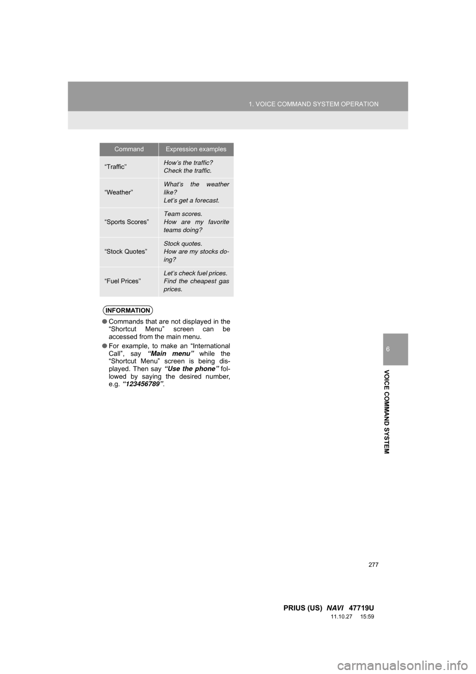 TOYOTA PRIUS 2012 3.G Navigation Manual 277
1. VOICE COMMAND SYSTEM OPERATION
6
VOICE COMMAND SYSTEM
PRIUS (US) NAVI 47719U
11.10.27 15:59
CommandExpression examples
“Traffic”How’s the traffic?
Check the traffic.
“Weather” TOYOTA PRIUS 2012 3.G Navigation Manual 277
1. VOICE COMMAND SYSTEM OPERATION
6
VOICE COMMAND SYSTEM
PRIUS (US) NAVI 47719U
11.10.27 15:59
CommandExpression examples
“Traffic”How’s the traffic?
Check the traffic.
“Weather”