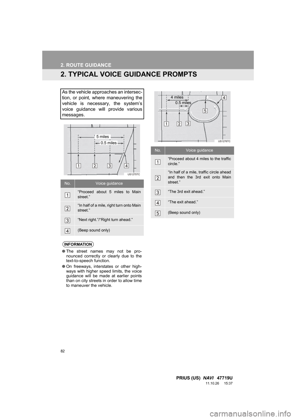 TOYOTA PRIUS 2012 3.G Navigation Manual 82
2. ROUTE GUIDANCE
PRIUS (US) NAVI 47719U
11.10.26 15:37
2. TYPICAL VOICE GUIDANCE PROMPTS
As the vehicle approaches an intersec-
tion, or point, where maneuvering the
vehicle is neces TOYOTA PRIUS 2012 3.G Navigation Manual 82
2. ROUTE GUIDANCE
PRIUS (US) NAVI 47719U
11.10.26 15:37
2. TYPICAL VOICE GUIDANCE PROMPTS
As the vehicle approaches an intersec-
tion, or point, where maneuvering the
vehicle is neces
