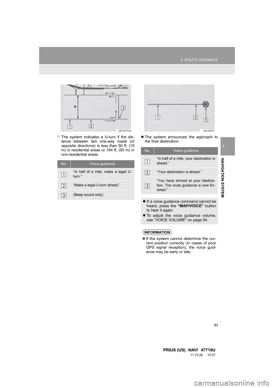 TOYOTA PRIUS 2012 3.G Navigation Manual 83
2. ROUTE GUIDANCE
3
NAVIGATION SYSTEM
PRIUS (US) NAVI 47719U
11.10.26 15:37
*: The system indicates a U-turn if the dis-
tance between two one-way roads (of
opposite directions) TOYOTA PRIUS 2012 3.G Navigation Manual 83
2. ROUTE GUIDANCE
3
NAVIGATION SYSTEM
PRIUS (US) NAVI 47719U
11.10.26 15:37
*: The system indicates a U-turn if the dis-
tance between two one-way roads (of
opposite directions)