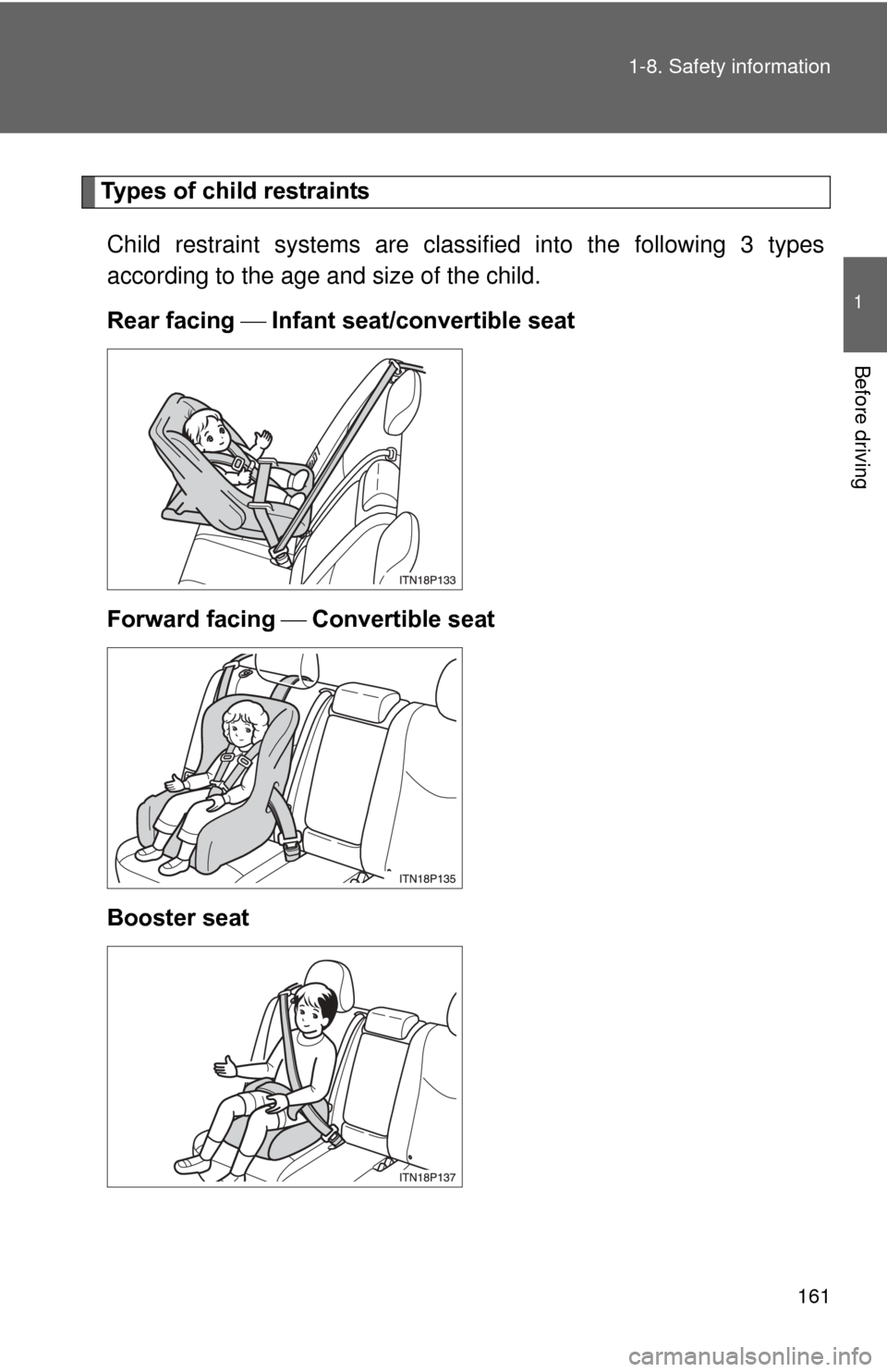 TOYOTA PRIUS 2012 3.G Owners Manual 161
1-8. Safety information
1
Before driving
Types of child restraints
Child restraint systems are classi fied into the following 3 types
according to the age and size of the child.
Rear facing TOYOTA PRIUS 2012 3.G Owners Manual 161
1-8. Safety information
1
Before driving
Types of child restraints
Child restraint systems are classi fied into the following 3 types
according to the age and size of the child.
Rear facing 