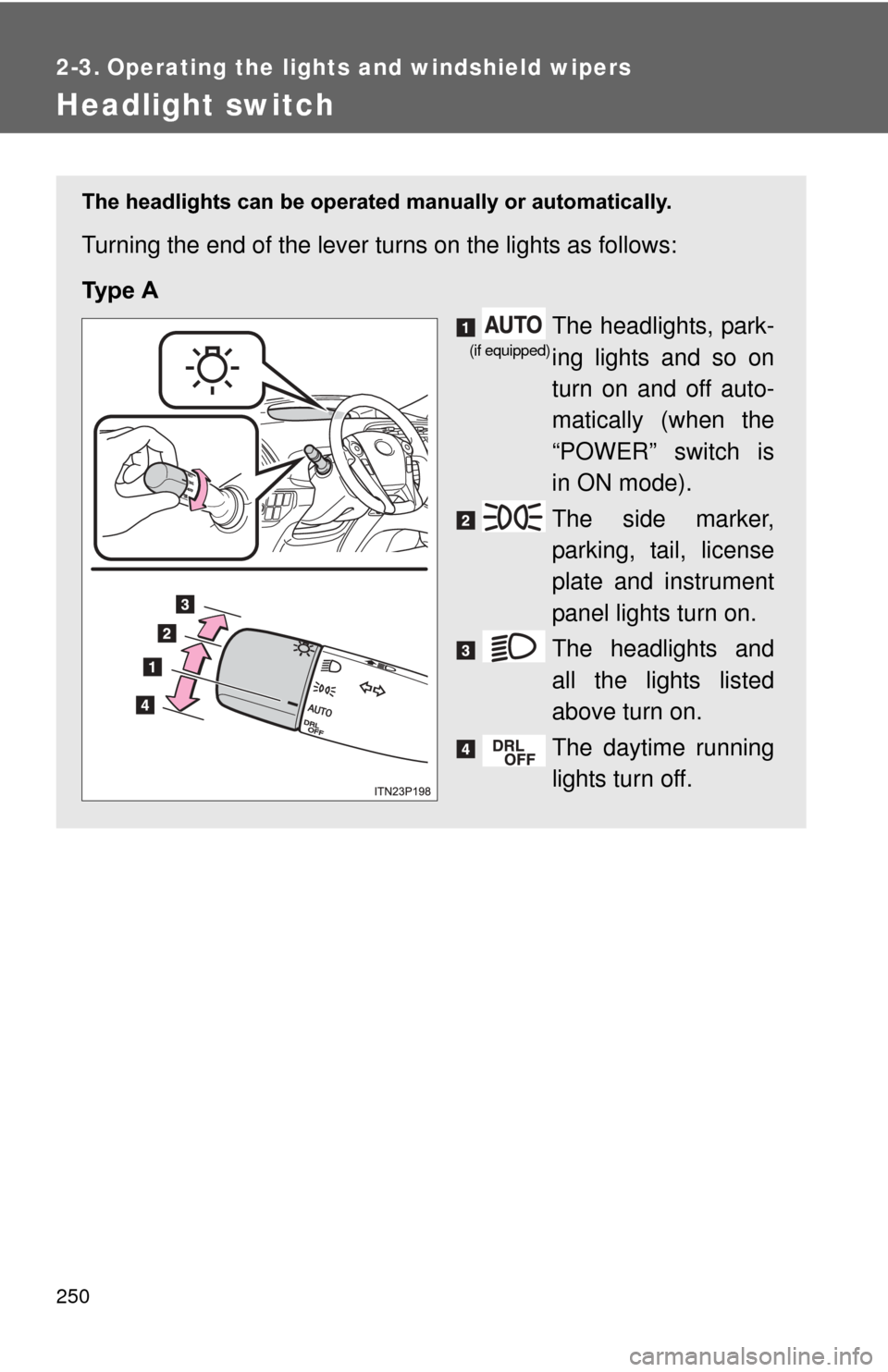 TOYOTA PRIUS 2012 3.G Owners Manual 250
2-3. Operating the lights and windshield wipers
Headlight switch
The headlights can be operated manually or automatically. 
Turning the end of the lever turns on the lights as follows:
Ty p e   A
