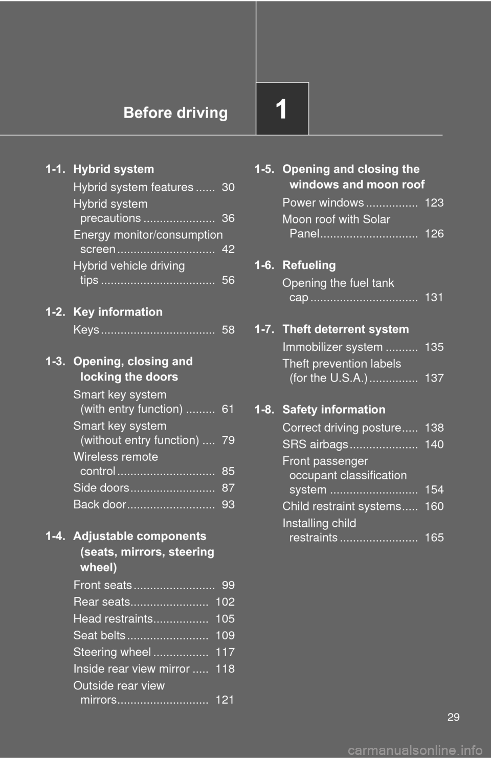 TOYOTA PRIUS 2012 3.G Owners Manual Before driving1
29
1-1. Hybrid systemHybrid system features ......  30
Hybrid system precautions ......................  36
Energy monitor/consumption  screen ..............................  42
Hybrid