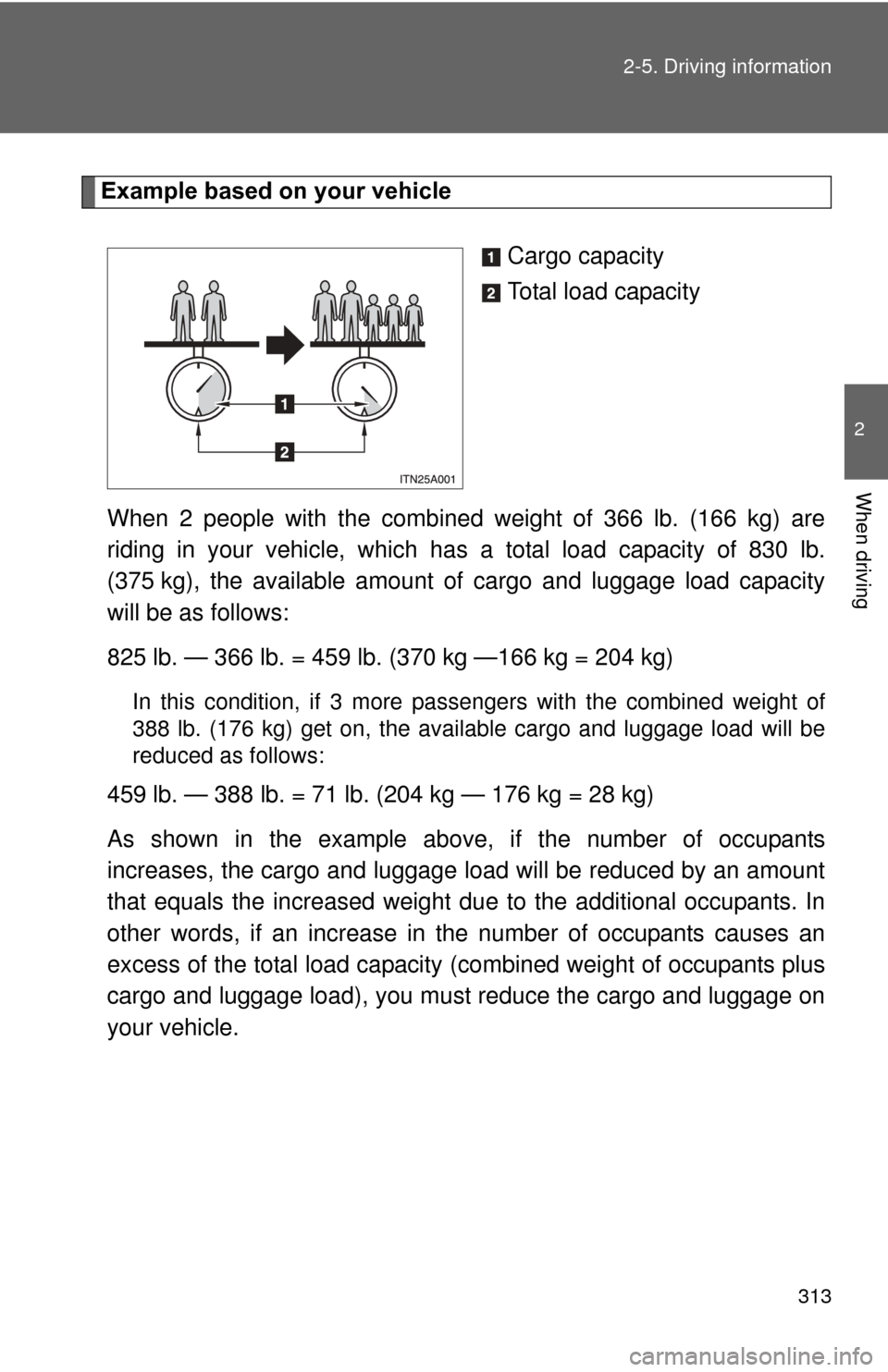 TOYOTA PRIUS 2012 3.G Owners Manual 313
2-5. Driving information
2
When driving
Example based on your vehicle
Cargo capacity
Total load capacity
When 2 people with the combined weight of 366 lb. (166 kg) are
riding in your vehicle, whic