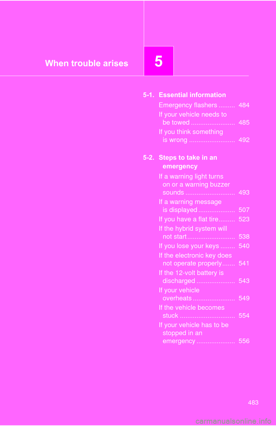 TOYOTA PRIUS 2012 3.G Owners Manual When trouble arises5
483
5-1. Essential informationEmergency flashers .........  484
If your vehicle needs to be towed ........................  485
If you think something  is wrong ..................