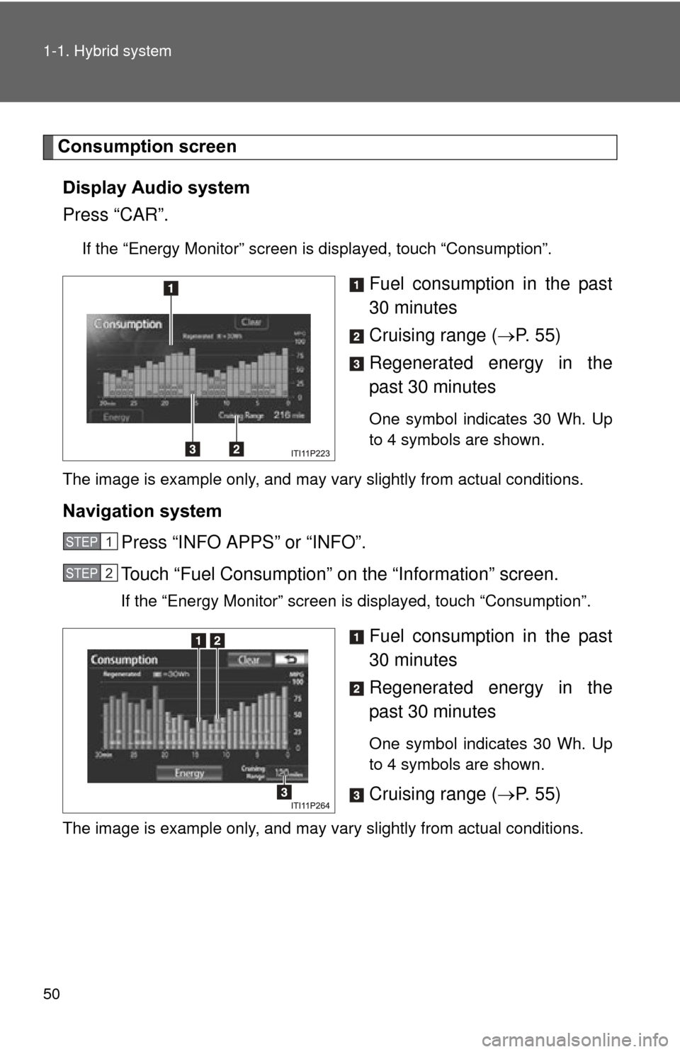 TOYOTA PRIUS 2012 3.G Service Manual 50 1-1. Hybrid system
Consumption screenDisplay Audio system
Press “CAR”.
If the “Energy Monitor” screen is displayed, touch “Consumption”.
Fuel consumption in the past
30 minutes
Cruising