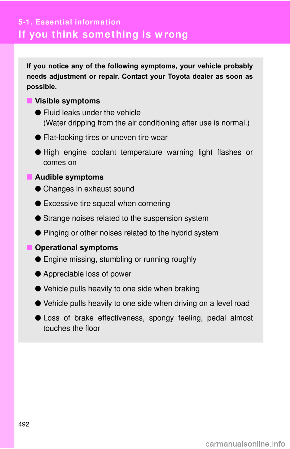 TOYOTA PRIUS 2012 3.G Owners Manual 492
5-1. Essential information
If you think something is wrong
If  you  notice  any  of  the  following  symptoms,  your  vehicle  probably
needs  adjustment  or  repair.  Contact  your  Toyota  deale
