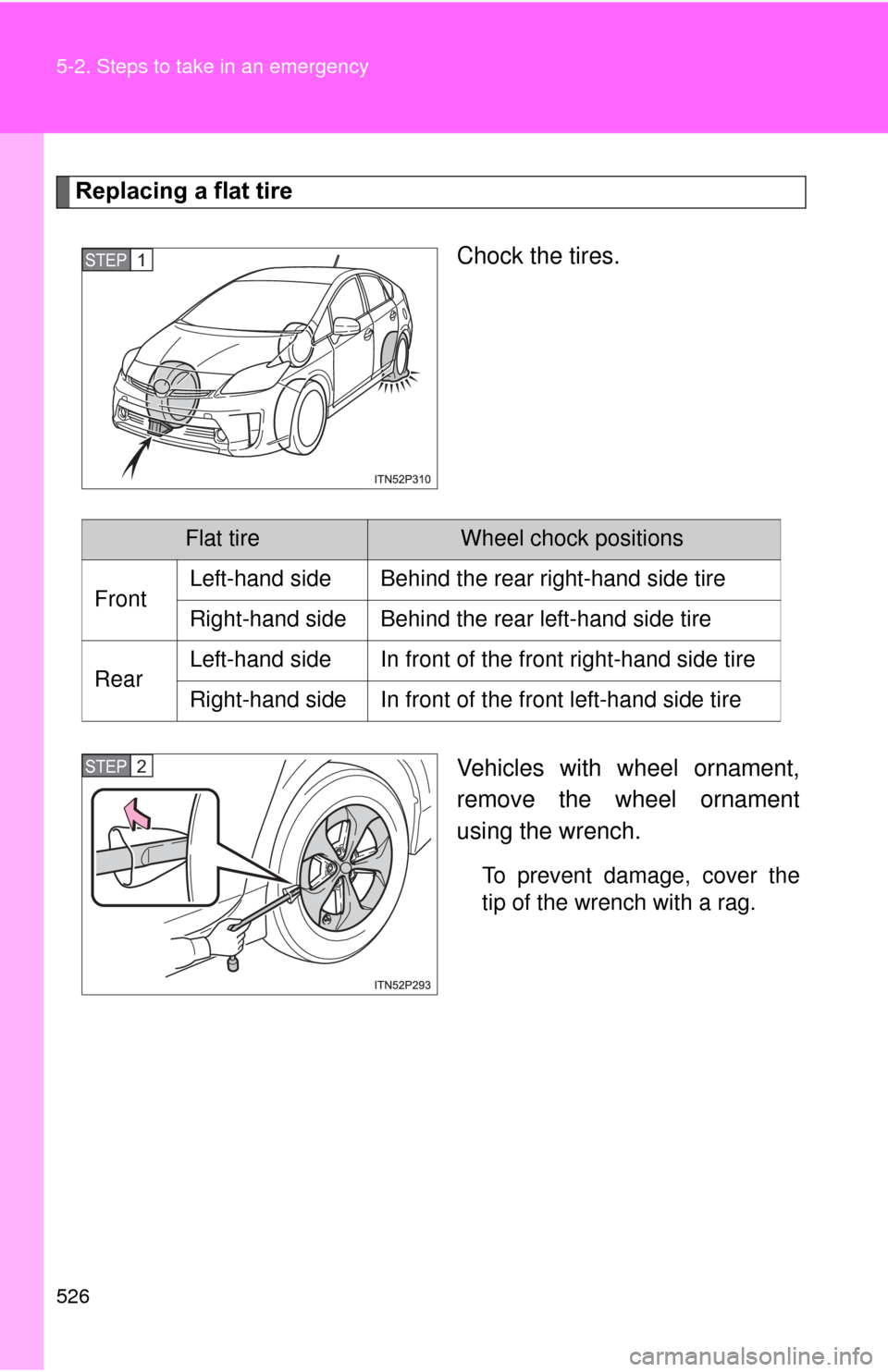 TOYOTA PRIUS 2012 3.G Owners Manual 526 5-2. Steps to take in an emergency
Replacing a flat tireChock the tires.
Vehicles with wheel ornament,
remove the wheel ornament
using the wrench.
To prevent damage, cover the
tip of the wrench wi