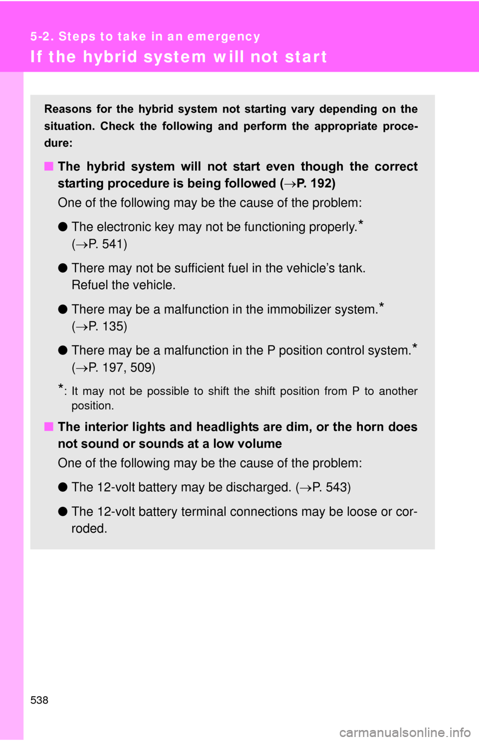 TOYOTA PRIUS 2012 3.G Owners Manual 538
5-2. Steps to take in an emergency
If the hybrid system will not start
Reasons for the hybrid system not starting vary depending on the
situation. Check the following a nd perform t TOYOTA PRIUS 2012 3.G Owners Manual 538
5-2. Steps to take in an emergency
If the hybrid system will not start
Reasons for the hybrid system not starting vary depending on the
situation. Check the following a nd perform t