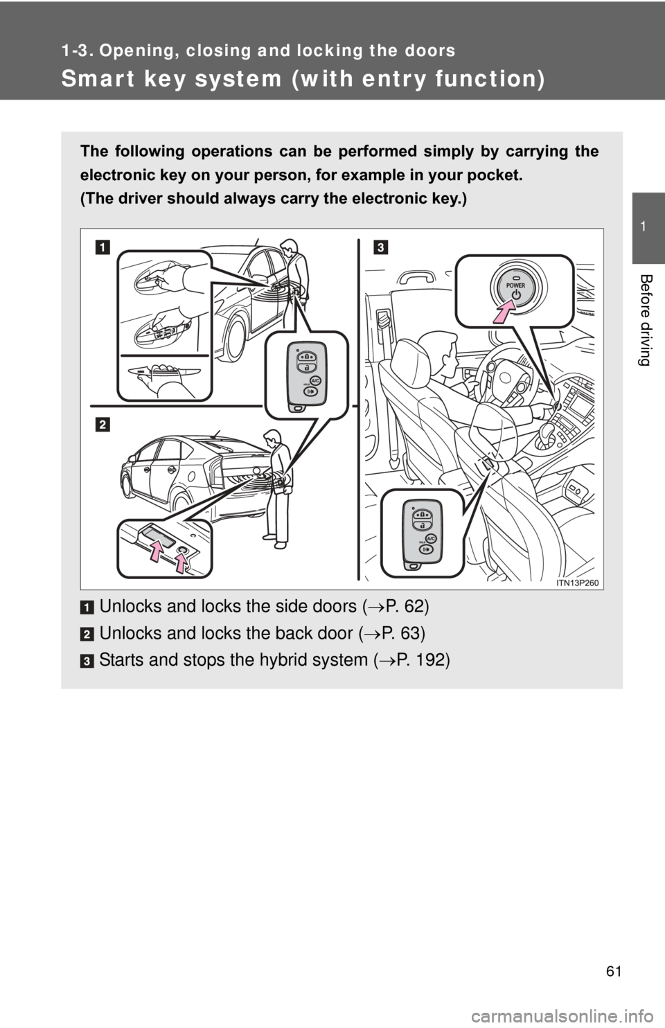 TOYOTA PRIUS 2012 3.G Owners Manual 61
1
Before driving
1-3. Opening, closing and locking the doors
Smart key system (with entr y function)
The  following  operations  can  be  performed  simply  by  carrying  the
electronic key on your
