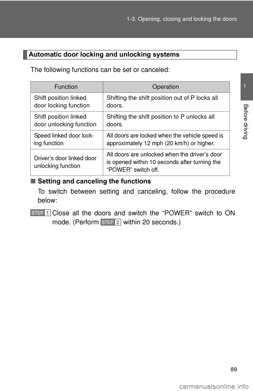 TOYOTA PRIUS 2012 3.G Owners Manual 89
1-3. Opening, closing and locking the doors
1
Before driving
Automatic door locking and unlocking systems
The following functions can be set or canceled:
■ Setting and canceling the functions
To 