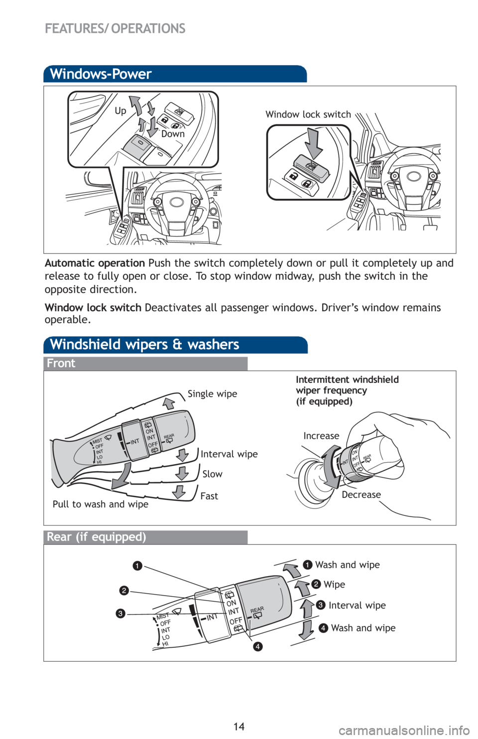 TOYOTA PRIUS 2012 3.G Quick Reference Guide 14
FEATURES/ OPERATIONS
Windshield wipers & washers
Interval wipe Single wipe
Slow
Fast
Pull to wash and wipe
Front
Rear (if equipped)
Wash and wipe
Wipe
Interval wipe
Wash and wipe
Windows-Power
Up
D TOYOTA PRIUS 2012 3.G Quick Reference Guide 14
FEATURES/ OPERATIONS
Windshield wipers & washers
Interval wipe Single wipe
Slow
Fast
Pull to wash and wipe
Front
Rear (if equipped)
Wash and wipe
Wipe
Interval wipe
Wash and wipe
Windows-Power
Up
D