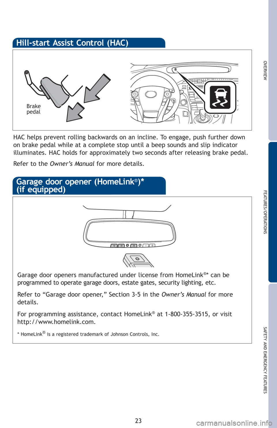 TOYOTA PRIUS 2012 3.G Quick Reference Guide OVERVIEW
FEATURES/OPERATIONS
SAFETY AND EMERGENCY FEATURES
23
HAC helps prevent rolling backwards on an incline. To engage, push further down
on brake pedal while at a complete stop until a beep sound TOYOTA PRIUS 2012 3.G Quick Reference Guide OVERVIEW
FEATURES/OPERATIONS
SAFETY AND EMERGENCY FEATURES
23
HAC helps prevent rolling backwards on an incline. To engage, push further down
on brake pedal while at a complete stop until a beep sound