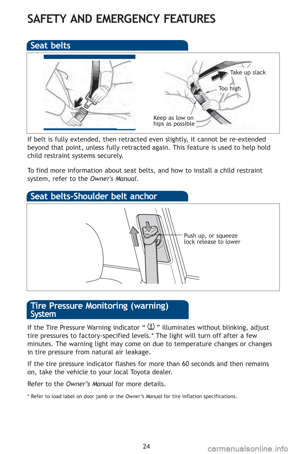 TOYOTA PRIUS 2012 3.G Quick Reference Guide 24
SAFETY AND EMERGENCY FEATURES
If belt is fully extended, then retracted even slightly, it cannot be re-extended
beyond that point, unless fully retracted again. This feature is used to help hold
ch TOYOTA PRIUS 2012 3.G Quick Reference Guide 24
SAFETY AND EMERGENCY FEATURES
If belt is fully extended, then retracted even slightly, it cannot be re-extended
beyond that point, unless fully retracted again. This feature is used to help hold
ch