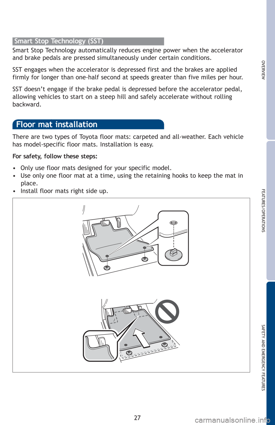 TOYOTA PRIUS 2012 3.G Quick Reference Guide OVERVIEW
FEATURES/OPERATIONS
SAFETY AND EMERGENCY FEATURES
27 There are two types of Toyota floor mats: carpeted and all-weather. Each vehicle
has model-specific floor mats. Installation is easy.
For TOYOTA PRIUS 2012 3.G Quick Reference Guide OVERVIEW
FEATURES/OPERATIONS
SAFETY AND EMERGENCY FEATURES
27 There are two types of Toyota floor mats: carpeted and all-weather. Each vehicle
has model-specific floor mats. Installation is easy.
For