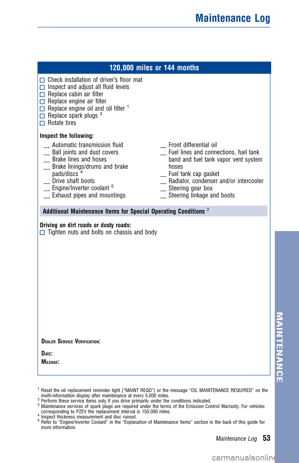 TOYOTA PRIUS 2012 3.G Warranty And Maintenance Guide JOBNAME: 934405-2012-priWG-EN PAGE: 53 SESS: 11 OUTPUT: Fri Nov 18 11:03:17 2011
/tweddle/toyota/sched-maint/934405-en-pri/wg
120,000 miles or 144 months
Check installation of driver’s floor matInsp