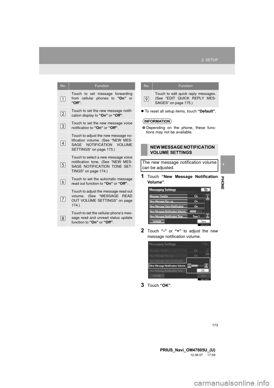 TOYOTA PRIUS 2013 3.G Navigation Manual 173
2. SETUP
4
PHONE
PRIUS_Navi_OM47805U_(U)
12.08.07 17:59
To reset all setup items, touch “Default”.
1Touch “New Message Notification
Vo l u m e ” .
2Touch “-” or “+” to ad TOYOTA PRIUS 2013 3.G Navigation Manual 173
2. SETUP
4
PHONE
PRIUS_Navi_OM47805U_(U)
12.08.07 17:59
To reset all setup items, touch “Default”.
1Touch “New Message Notification
Vo l u m e ” .
2Touch “-” or “+” to ad
