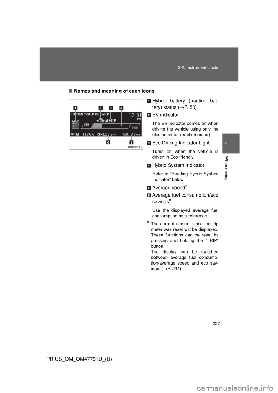 TOYOTA PRIUS 2013 3.G Owners Manual 227
2-2. Instrument cluster
PRIUS_OM_OM47791U_(U)
2
When driving
■
Names and meaning of each icons
Hybrid battery (traction bat-
tery) status (P.  5 0 )
EV indicator
The EV indicator comes on whe