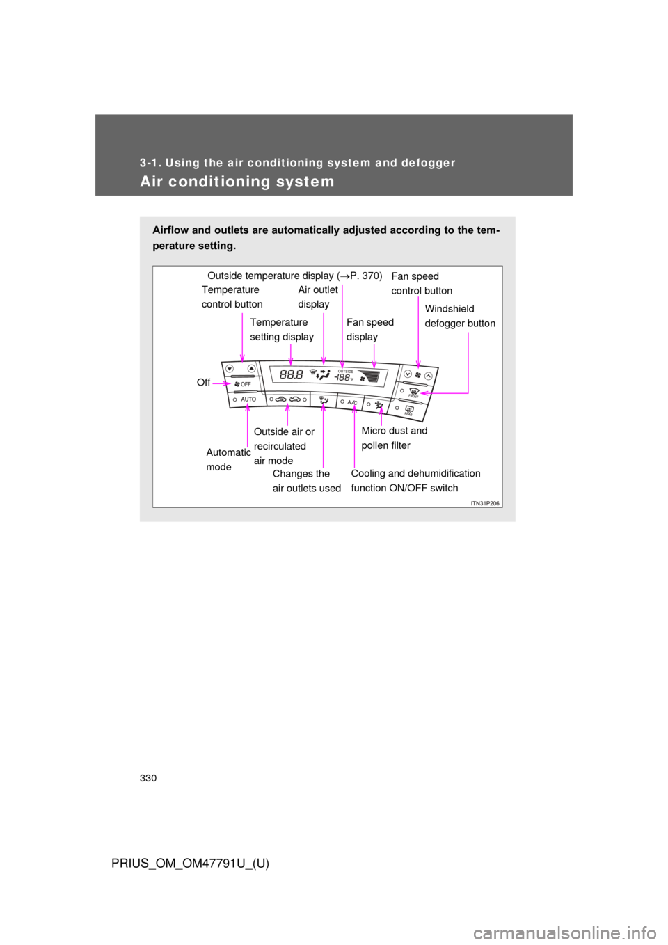 TOYOTA PRIUS 2013 3.G Owners Manual 330
PRIUS_OM_OM47791U_(U)
3-1. Using the air conditioning system and defogger
Air conditioning system
Airflow and outlets are automatically adjusted according to the tem-
perature setting.
Temperature