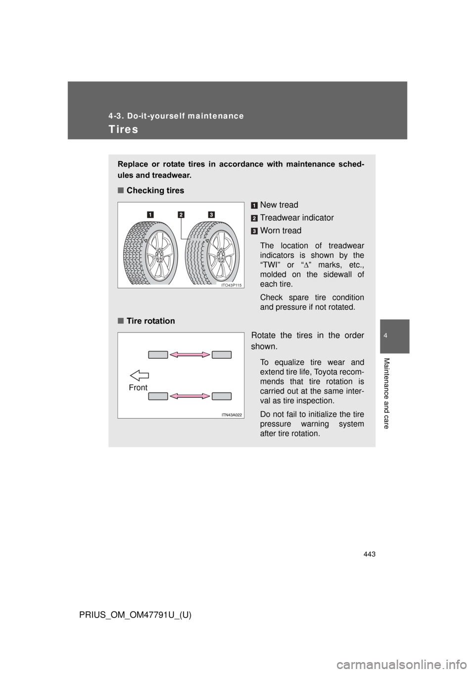 TOYOTA PRIUS 2013 3.G User Guide 443
4-3. Do-it-yourself maintenance
PRIUS_OM_OM47791U_(U)
4
Maintenance and care
Tires
Replace  or  rotate  tires  in  accordance  with  maintenance  sched-
ules and treadwear.
■Checking tires
New t