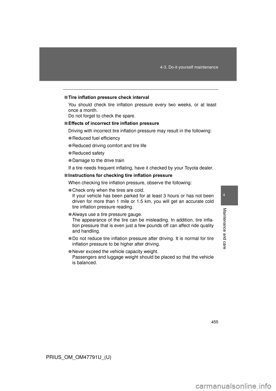 TOYOTA PRIUS 2013 3.G Owners Manual 455
4-3. Do-it-yourself maintenance
PRIUS_OM_OM47791U_(U)
4
Maintenance and care
■Tire inflation pressure check interval
You should check tire inflation pressure every two weeks, or at least
once a 