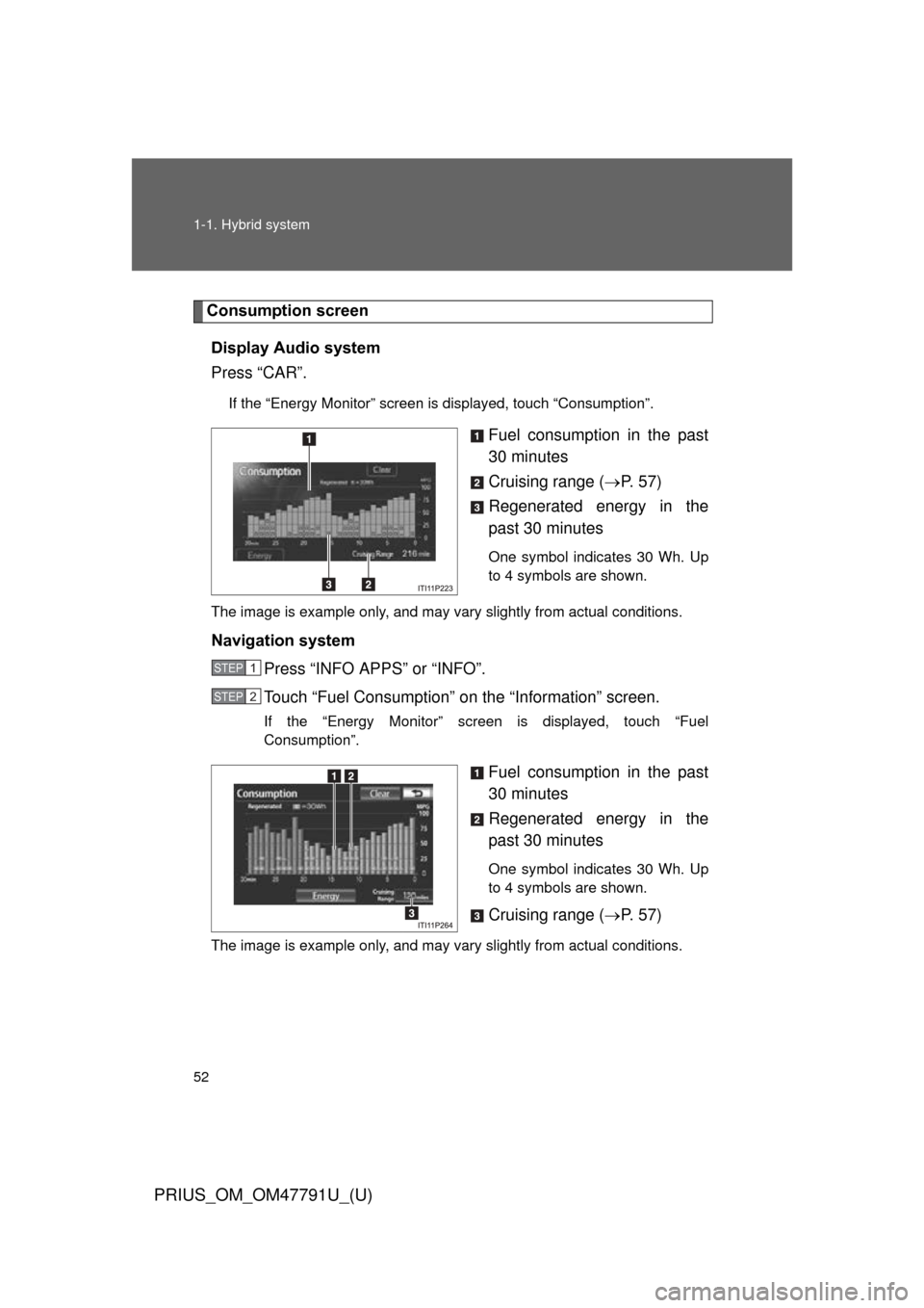 TOYOTA PRIUS 2013 3.G Owners Manual 52 1-1. Hybrid system
PRIUS_OM_OM47791U_(U)
Consumption screenDisplay Audio system
Press “CAR”.
If the “Energy Monitor” screen is displayed, touch “Consumption”.
Fuel consumption in the pa