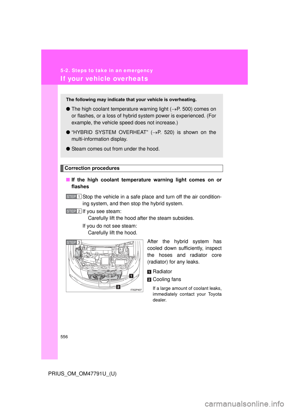 TOYOTA PRIUS 2013 3.G Owners Manual 556
5-2. Steps to take in an emergency
PRIUS_OM_OM47791U_(U)
If your vehicle overheats
Correction procedures■ If the high coolant temperatur e warning light comes on or
flashes
Stop the veh TOYOTA PRIUS 2013 3.G Owners Manual 556
5-2. Steps to take in an emergency
PRIUS_OM_OM47791U_(U)
If your vehicle overheats
Correction procedures■ If the high coolant temperatur e warning light comes on or
flashes
Stop the veh