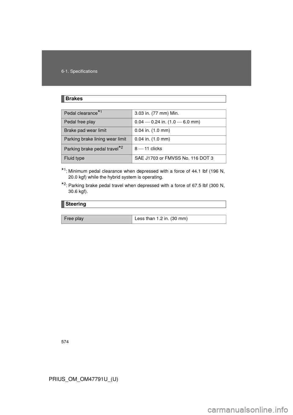 TOYOTA PRIUS 2013 3.G Owners Manual 574 6-1. Specifications
PRIUS_OM_OM47791U_(U)
Brakes
*1: Minimum pedal clearance when depressed with a force of 44.1 lbf (196 N,20.0 kgf) while the hybrid system is operating.
*2: Parking brake pedal 