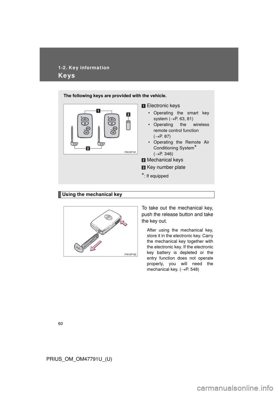 TOYOTA PRIUS 2013 3.G Owners Manual 60
PRIUS_OM_OM47791U_(U)
1-2. Key information
Keys
Using the mechanical keyTo take out the mechanical key,
push the release button and take
the key out.
After using the mechanical key,
store it in the