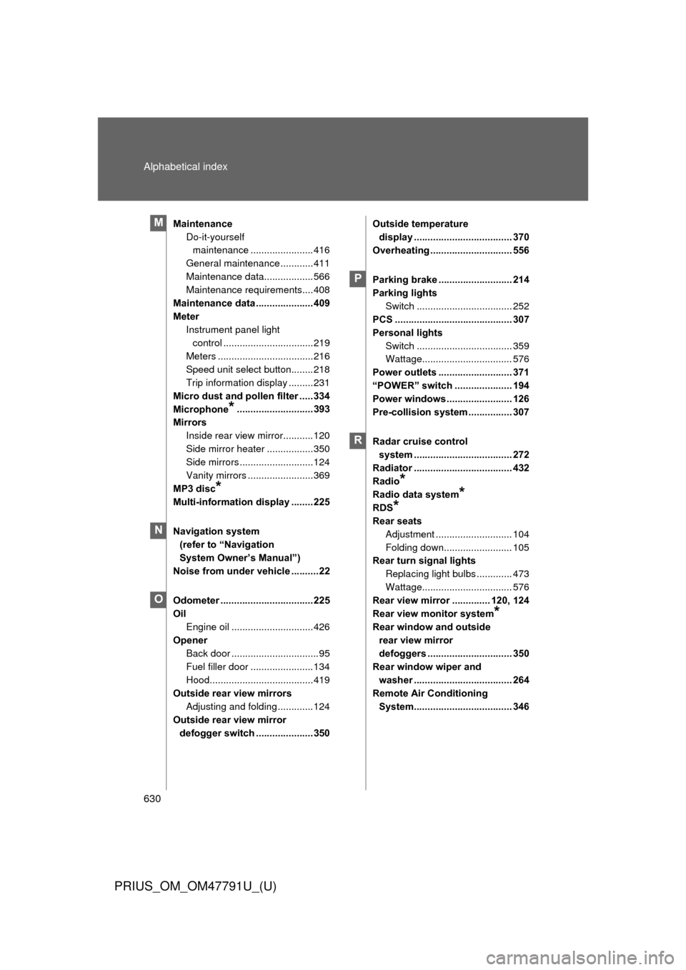 TOYOTA PRIUS 2013 3.G Owners Manual 630 Alphabetical index
PRIUS_OM_OM47791U_(U)
MaintenanceDo-it-yourself maintenance ....................... 416
General maintenance ............411
Maintenance data.................. 566
Maintenance re