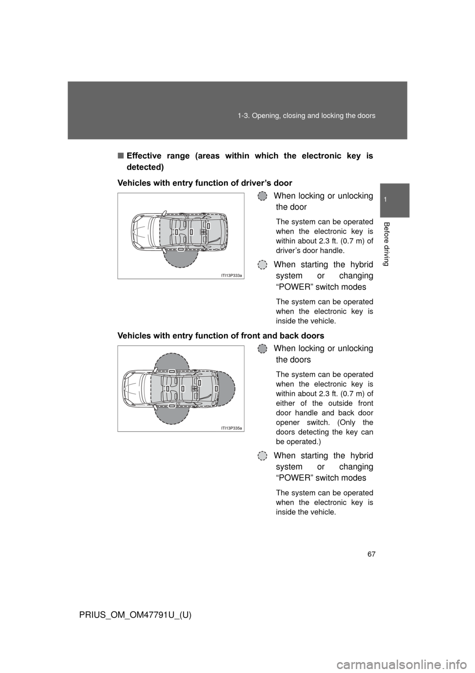 TOYOTA PRIUS 2013 3.G Repair Manual 67
1-3. Opening, closing and locking the doors
1
Before driving
PRIUS_OM_OM47791U_(U)
■
Effective range (areas within which the electronic key is
detected)
Vehicles with entry function of dr TOYOTA PRIUS 2013 3.G Repair Manual 67
1-3. Opening, closing and locking the doors
1
Before driving
PRIUS_OM_OM47791U_(U)
■
Effective range (areas within which the electronic key is
detected)
Vehicles with entry function of dr