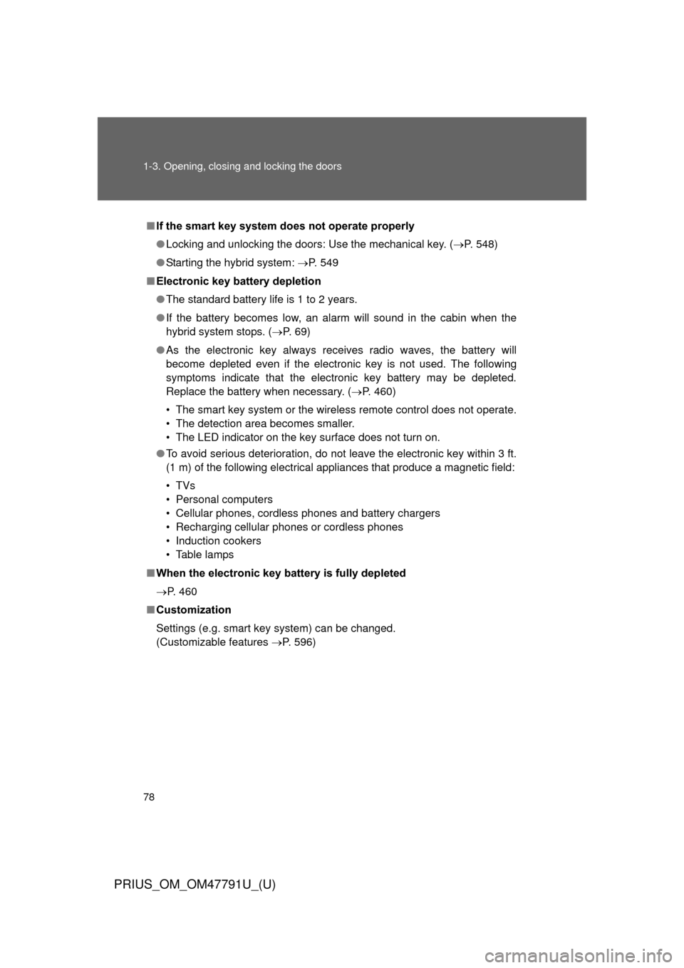 TOYOTA PRIUS 2013 3.G Owners Manual 78 1-3. Opening, closing and locking the doors
PRIUS_OM_OM47791U_(U)
■If the smart key system  does not operate properly
● Locking and unlocking the doors: Use the mechanical key. ( P. 548)
●