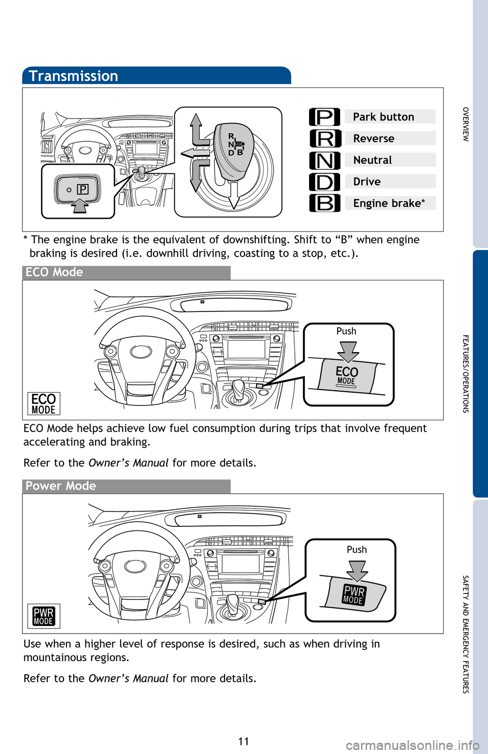 TOYOTA PRIUS 2013 3.G Quick Reference Guide OVERVIEW
FEATURES/OPERATIONS
SAFETY AND EMERGENCY FEATURES
11
Transmission
*
The engine brake is the equivalent of downshifting. Shift to “B” when engine
braking is desired (i.e. downhill drivin TOYOTA PRIUS 2013 3.G Quick Reference Guide OVERVIEW
FEATURES/OPERATIONS
SAFETY AND EMERGENCY FEATURES
11
Transmission
*
The engine brake is the equivalent of downshifting. Shift to “B” when engine
braking is desired (i.e. downhill drivin