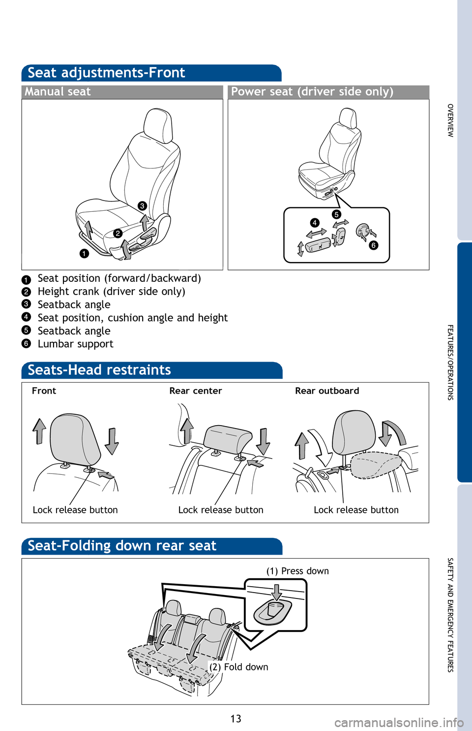 TOYOTA PRIUS 2013 3.G Quick Reference Guide OVERVIEW
FEATURES/OPERATIONS
SAFETY AND EMERGENCY FEATURES
13
Hold wheel, push lever down, set angle and length, and return lever.
NOTE: Do not attempt to adjust while the vehicle is in motion.
EV-Dri