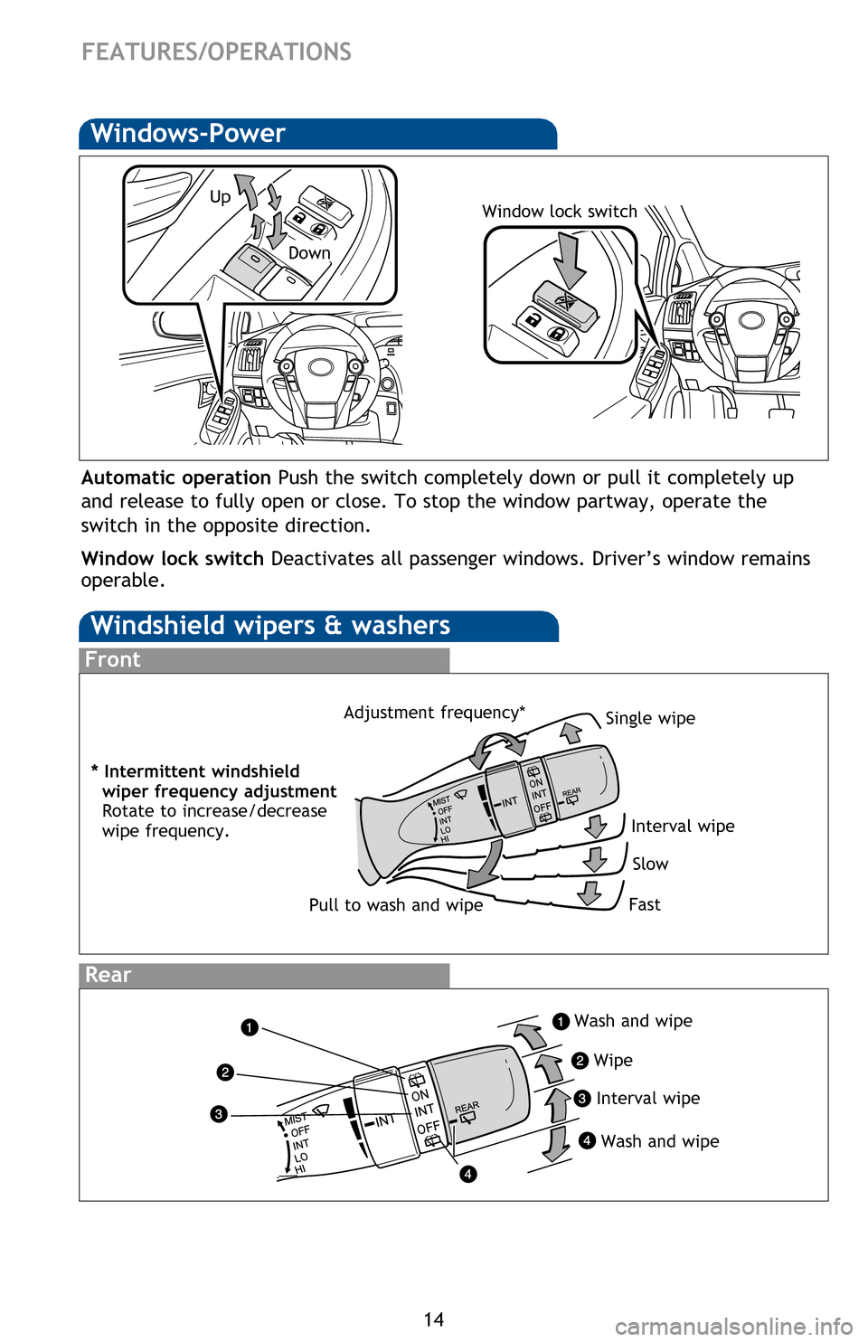 TOYOTA PRIUS 2013 3.G Quick Reference Guide 14
FEATURES/OPERATIONS
Windshield wipers & washers
Interval wipe
Single wipe
Adjustment frequency*
Slow
Fast
Pull to wash and wipe
Front
Rear
Lights & turn signals
Turn signals
Headlights
Front fog li TOYOTA PRIUS 2013 3.G Quick Reference Guide 14
FEATURES/OPERATIONS
Windshield wipers & washers
Interval wipe
Single wipe
Adjustment frequency*
Slow
Fast
Pull to wash and wipe
Front
Rear
Lights & turn signals
Turn signals
Headlights
Front fog li