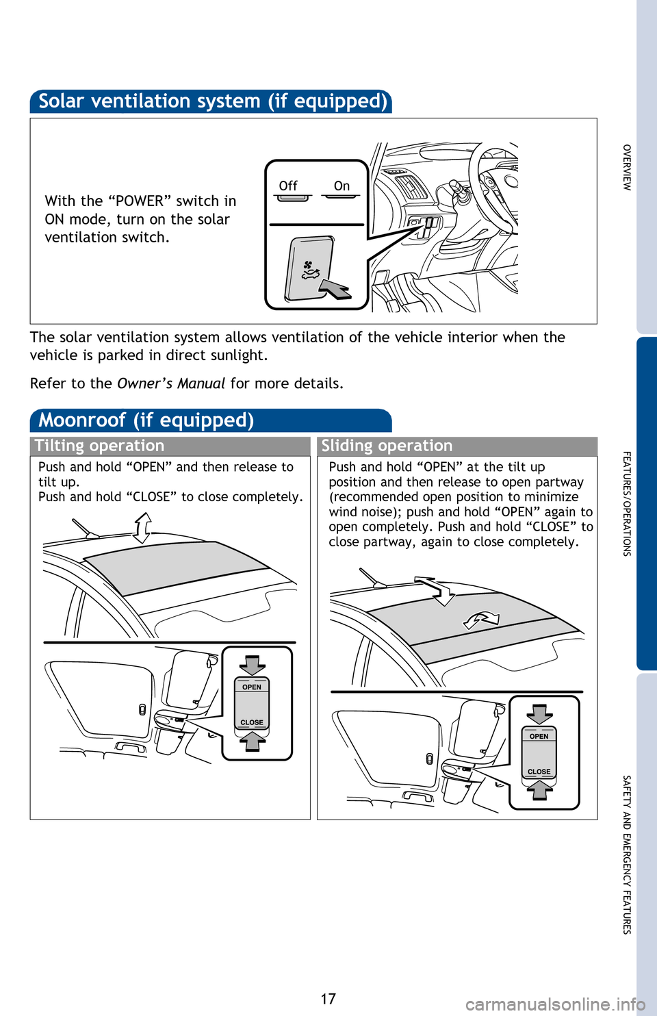 TOYOTA PRIUS 2013 3.G Quick Reference Guide OVERVIEW
FEATURES/OPERATIONS
SAFETY AND EMERGENCY FEATURES
17
Temperature selector
Temperature setting display
Air outlet display
Fan speed display
Fan speed control
Windshield defogger
Micro dust and TOYOTA PRIUS 2013 3.G Quick Reference Guide OVERVIEW
FEATURES/OPERATIONS
SAFETY AND EMERGENCY FEATURES
17
Temperature selector
Temperature setting display
Air outlet display
Fan speed display
Fan speed control
Windshield defogger
Micro dust and