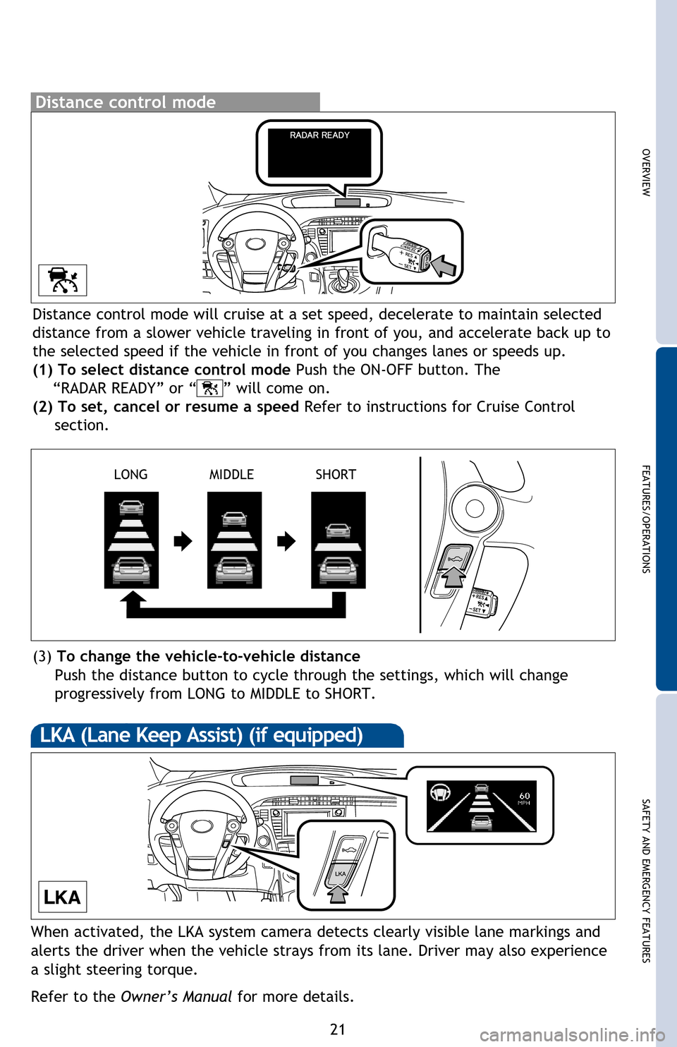 TOYOTA PRIUS 2013 3.G Quick Reference Guide OVERVIEW
FEATURES/OPERATIONS
SAFETY AND EMERGENCY FEATURES
21
1 The set speed may also be cancelled by depressing the brake pedal.2 The set speed may be resumed once vehicle speed exceeds 25 mph.
Inc TOYOTA PRIUS 2013 3.G Quick Reference Guide OVERVIEW
FEATURES/OPERATIONS
SAFETY AND EMERGENCY FEATURES
21
1 The set speed may also be cancelled by depressing the brake pedal.2 The set speed may be resumed once vehicle speed exceeds 25 mph.
Inc