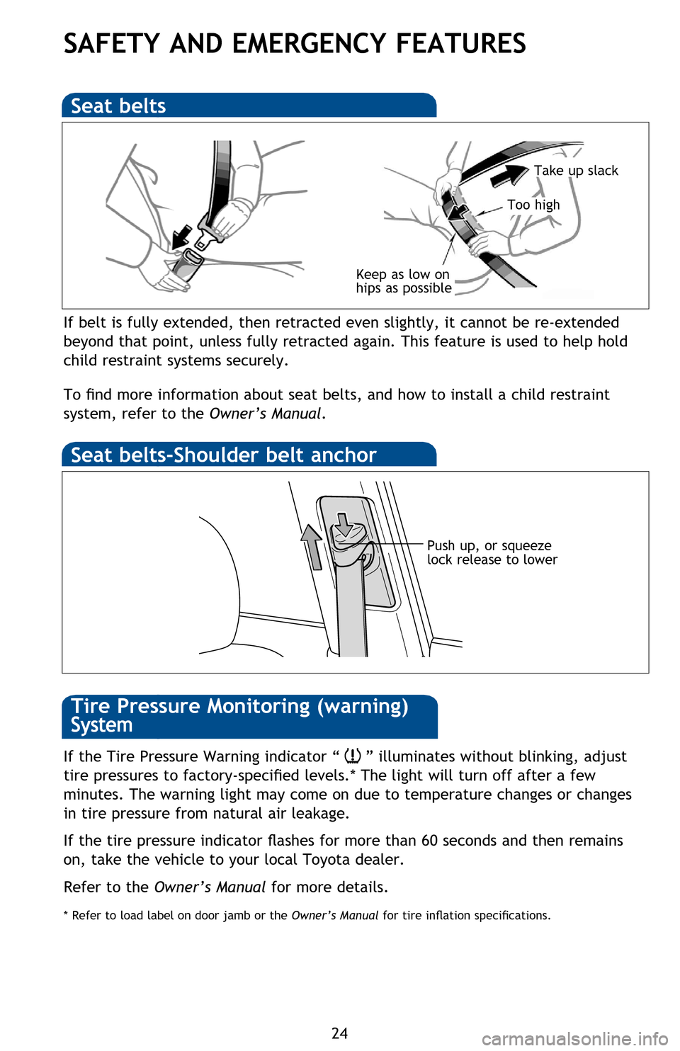 TOYOTA PRIUS 2013 3.G Quick Reference Guide 24
SAFETY AND EMERGENCY FEATURES
If belt is fully extended, then retracted even slightly, it cannot be re-extended
beyond that point, unless fully retracted again. This feature is used to help hold
TOYOTA PRIUS 2013 3.G Quick Reference Guide 24
SAFETY AND EMERGENCY FEATURES
If belt is fully extended, then retracted even slightly, it cannot be re-extended
beyond that point, unless fully retracted again. This feature is used to help hold