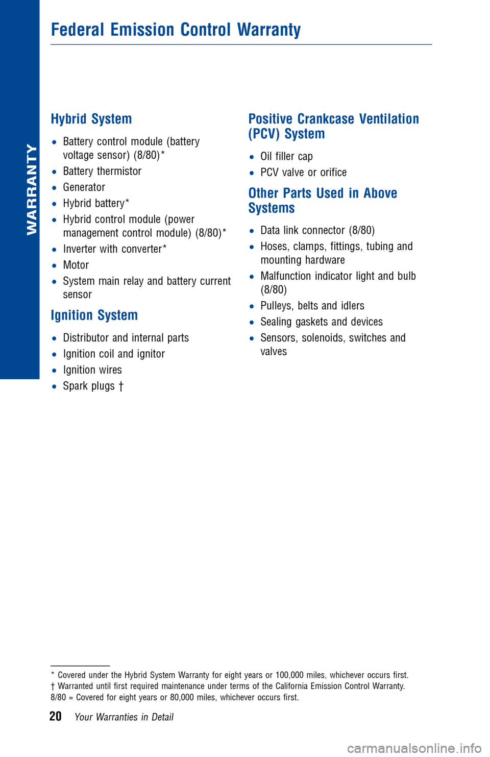 TOYOTA PRIUS 2013 3.G Warranty And Maintenance Guide JOBNAME: 1139977-2013-pri-toy PAGE: 20 SESS: 12 OUTPUT: Thu Oct 4 09:35:04 2012
/tweddle/toyota/sched-maint/1333165-en-pri/wg
Hybrid System
•Battery control module (battery
voltage
sensor) (8/80)*
�