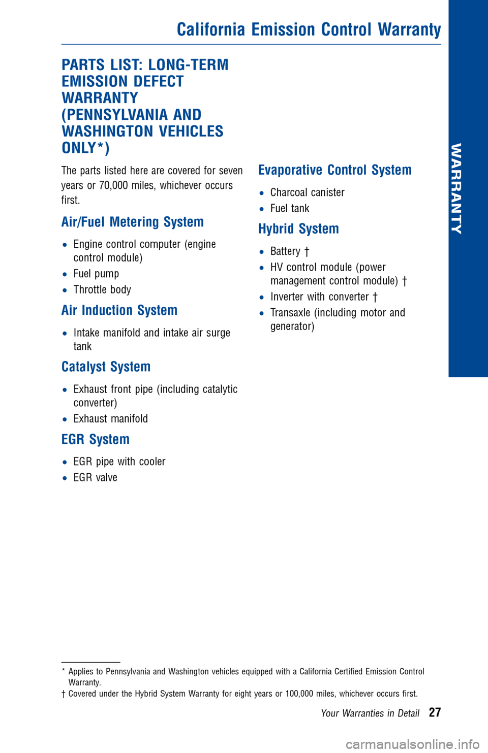 TOYOTA PRIUS 2013 3.G Warranty And Maintenance Guide JOBNAME: 1139977-2013-pri-toy PAGE: 27 SESS: 12 OUTPUT: Thu Oct 4 09:35:04 2012
/tweddle/toyota/sched-maint/1333165-en-pri/wg
PARTS LIST: LONG-TERM
EMISSION DEFECT
WARRANTY
(PENNSYLVANIA AND
WASHINGTO