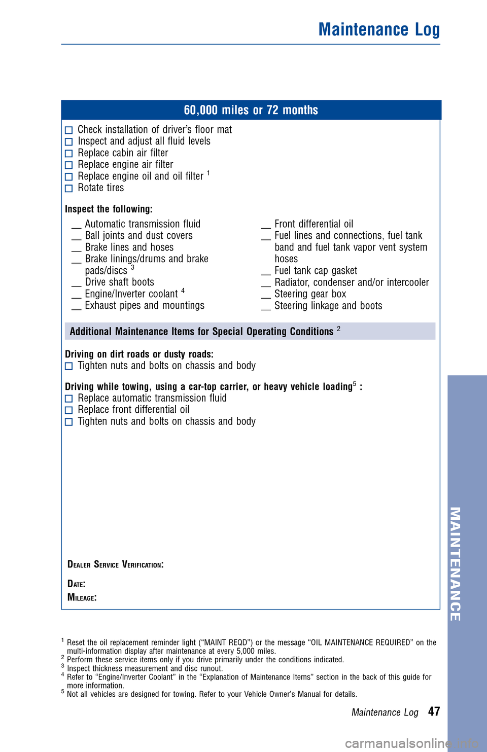 TOYOTA PRIUS 2013 3.G Warranty And Maintenance Guide JOBNAME: 1139977-2013-pri-toy PAGE: 47 SESS: 12 OUTPUT: Thu Oct 4 09:35:04 2012
/tweddle/toyota/sched-maint/1333165-en-pri/wg
60,000 miles or 72 months
Check installation of driver’s floor matInspec