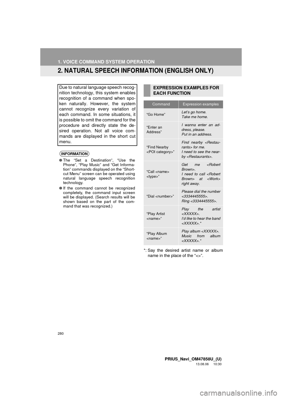 TOYOTA PRIUS 2014 3.G Navigation Manual 280
1. VOICE COMMAND SYSTEM OPERATION
PRIUS_Navi_OM47858U_(U)
13.08.06 10:30
2. NATURAL SPEECH INFORMATION (ENGLISH ONLY)
*: Say the desired artist name or album
name in the place of the “<>”. TOYOTA PRIUS 2014 3.G Navigation Manual 280
1. VOICE COMMAND SYSTEM OPERATION
PRIUS_Navi_OM47858U_(U)
13.08.06 10:30
2. NATURAL SPEECH INFORMATION (ENGLISH ONLY)
*: Say the desired artist name or album
name in the place of the “<>”.