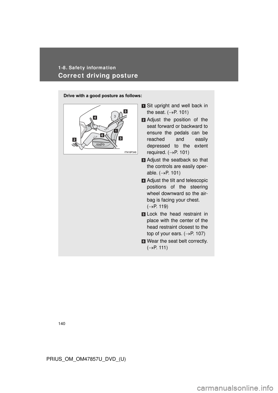 TOYOTA PRIUS 2014 3.G Owners Manual 140
PRIUS_OM_OM47857U_DVD_(U)
1-8. Safety information
Correct driving posture
Drive with a good posture as follows:
Sit upright and well back in
the seat. (P. 101)
Adjust the position of the
seat f TOYOTA PRIUS 2014 3.G Owners Manual 140
PRIUS_OM_OM47857U_DVD_(U)
1-8. Safety information
Correct driving posture
Drive with a good posture as follows:
Sit upright and well back in
the seat. (P. 101)
Adjust the position of the
seat f
