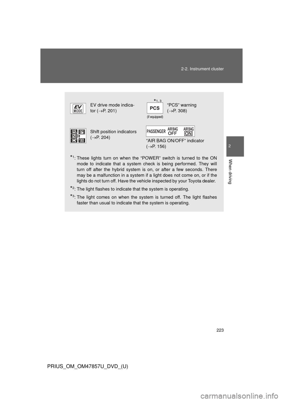 TOYOTA PRIUS 2014 3.G Owners Manual 223
2-2. Instrument cluster
PRIUS_OM_OM47857U_DVD_(U)
2
When driving*1: These lights turn on when the “POWER” switch is turned to the ON
mode to indicate that a system check is being performed. Th