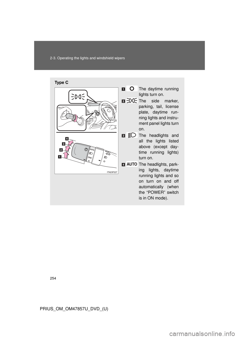 TOYOTA PRIUS 2014 3.G Owners Manual 254 2-3. Operating the lights and windshield wipers
PRIUS_OM_OM47857U_DVD_(U)
Ty p e   C
The daytime running
lights turn on.
The side marker,
parking, tail, license
plate, daytime run-
ning lights and