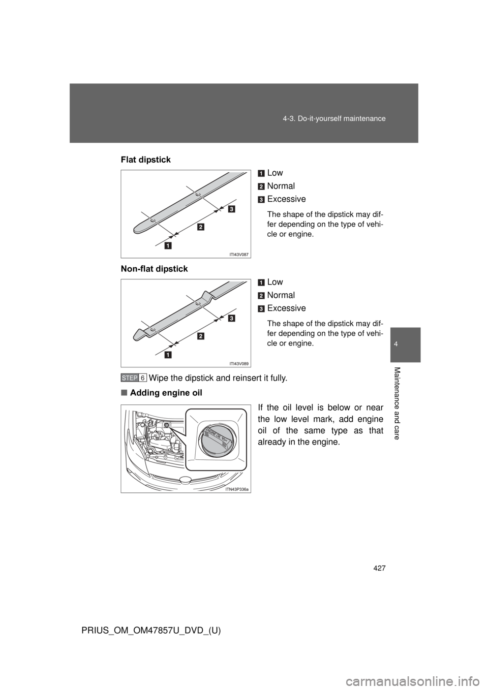 TOYOTA PRIUS 2014 3.G Owners Manual 427
4-3. Do-it-yourself maintenance
PRIUS_OM_OM47857U_DVD_(U)
4
Maintenance and care
Flat dipstick
Low
Normal
Excessive
The shape of the dipstick may dif-
fer depending on the type of vehi-
cle or eng