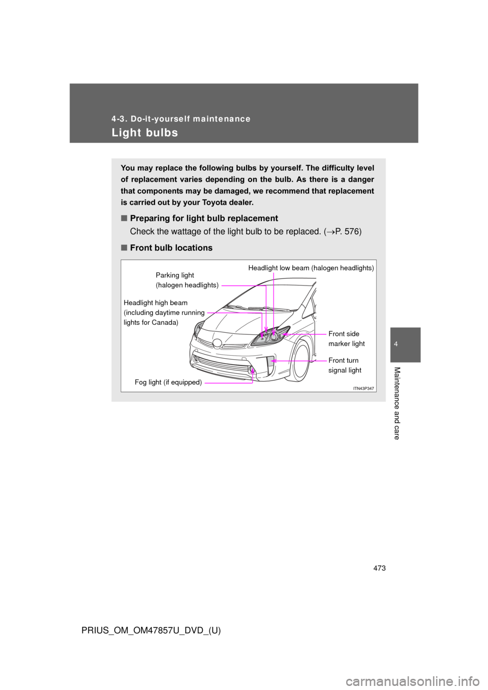 TOYOTA PRIUS 2014 3.G Owners Manual 473
4-3. Do-it-yourself maintenance
PRIUS_OM_OM47857U_DVD_(U)
4
Maintenance and care
Light bulbs
You may replace the following bulbs by yourself. The difficulty level
of  replacement  varies  dependin