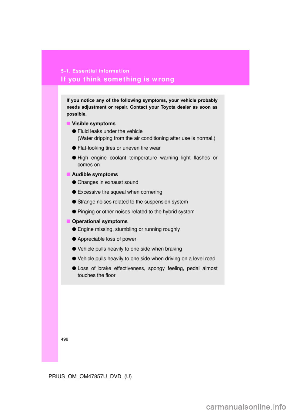 TOYOTA PRIUS 2014 3.G Owners Manual 498
5-1. Essential information
PRIUS_OM_OM47857U_DVD_(U)
If you think something is wrong
If  you  notice  any  of  the  following  symptoms,  your  vehicle  probably
needs  adjustment  or  repair.  Co